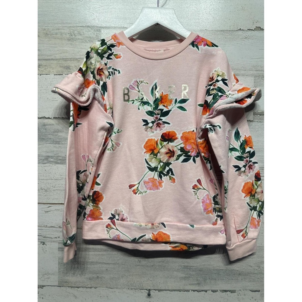 Ted Baker Floral Sweatshirt Girls 7 Pink Ruffle‎ Shoulder Logo